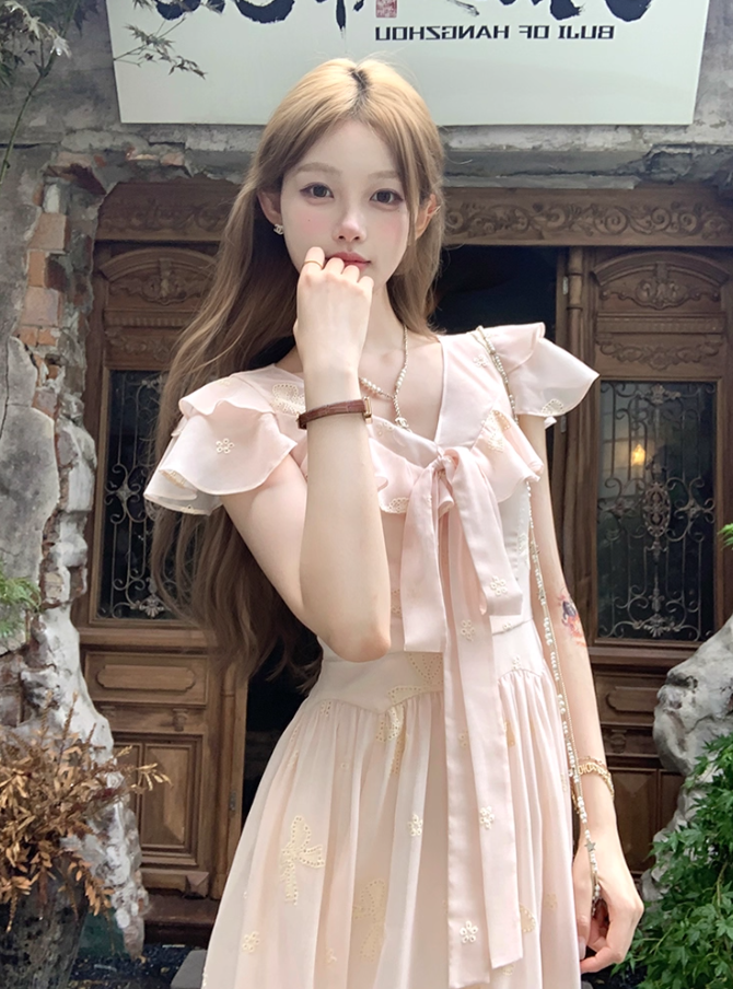 Pink long v-neck waist short-sleeved chiffon dress summer temperament embroidered A-line skirt R4576