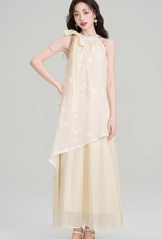 French style beautiful unique sleeveless halter dress holiday style irregular long skirt R2386