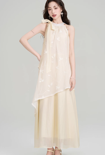 French style beautiful unique sleeveless halter dress holiday style irregular long skirt R2386