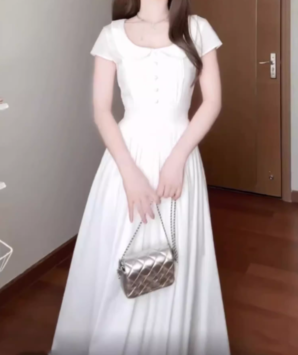 Elegant and decent skirt, gentle style, beautiful waist A-line white dress R0717