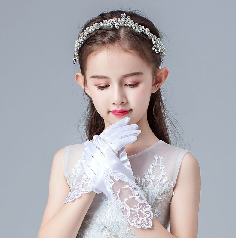Lace Beaded Satin Stretch Children Wedding Dress Flower Girl Dress Gloves Performance Dance     S6247
