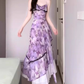 Purple oil painting floral suspender dress beautiful waist A-line long skirt R0749