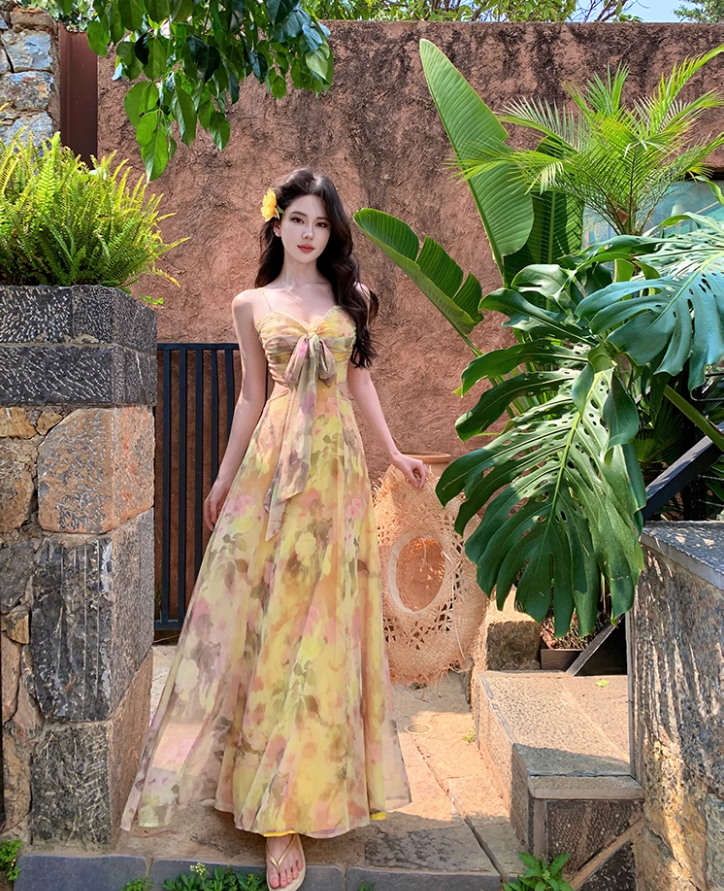 Gentle style floral suspender dress with backless and beautiful long dress R0561