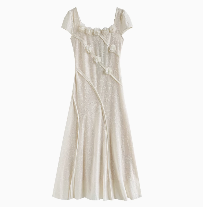 Summer new style elegant high-grade blue dress square collar waist long skirt R1898