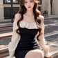 Pure contrast color ruffled one-shoulder dress new style waist slimming hip skirt R3394