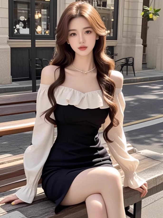 Pure contrast color ruffled one-shoulder dress new style waist slimming hip skirt R3394