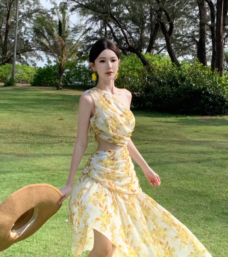 Chic and beautiful skirt atmosphere off-shoulder waist dress chiffon floral beach skirt R1622