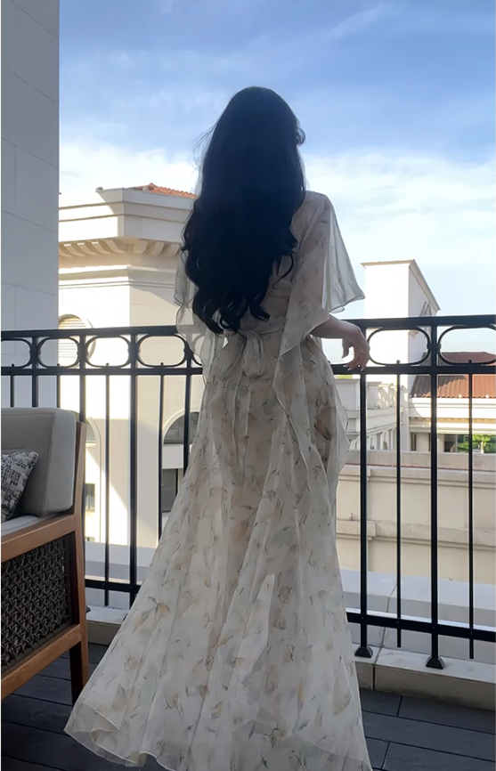 Floral V-neck summer suspender dress sleeves,long party dress       S6158