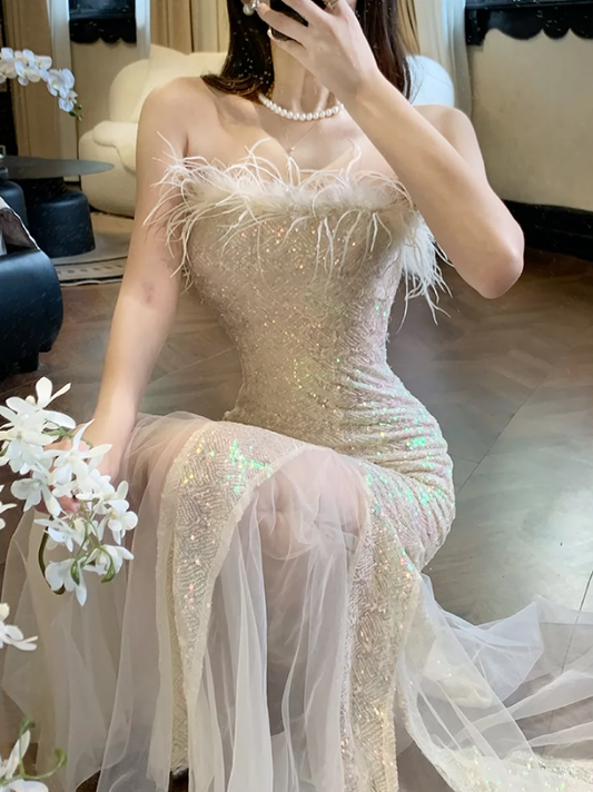 Feather strapless mermaid dress long party dress       S6033