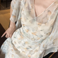 Floral V-neck summer suspender dress sleeves,long party dress       S6158
