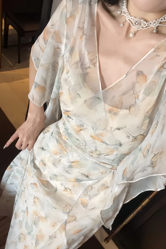 Floral V-neck summer suspender dress sleeves,long party dress       S6158