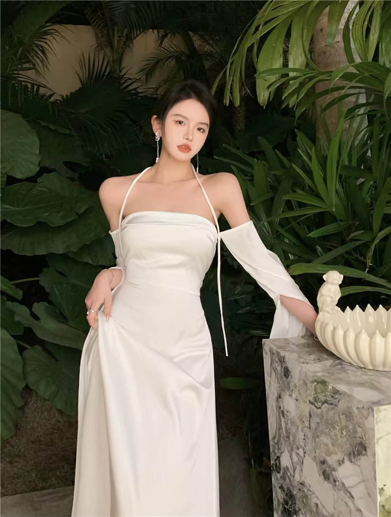 New Elegant White Party Dress Women Casual Halter Neck Vintage A-Line Prom Dress       S6397