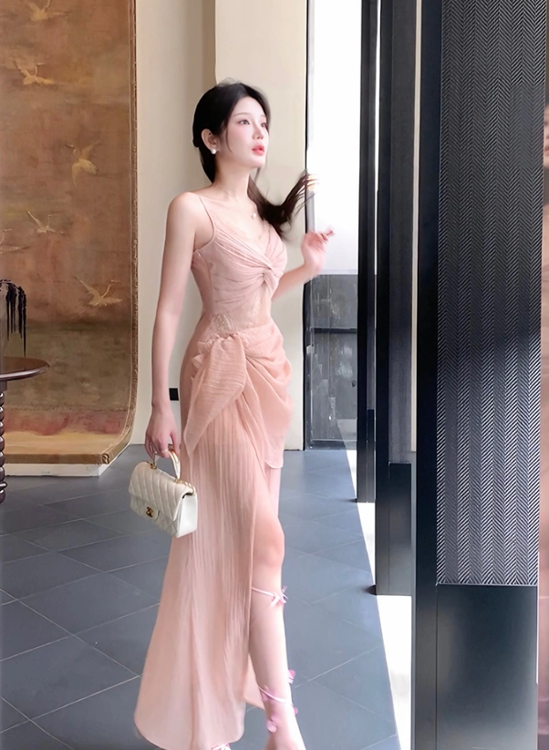 retro lace pink dress long party evening dress     S6094