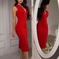 Short Red V-Neck Evening Dresses with Slit Zipper Back Tea Length Arabic Formal Party Dress for Women      S6113