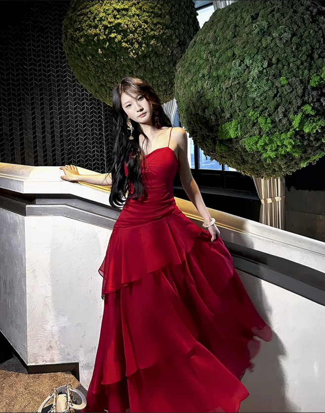 Design Red ruffled dress mermaid long party dress    S6047