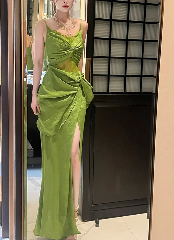 green chic suspender dress seaside holiday long dress    S6139