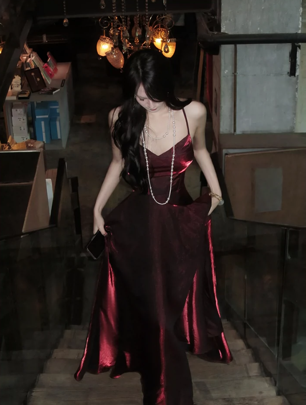 Burgundy elegant dress simple party dress    S6092