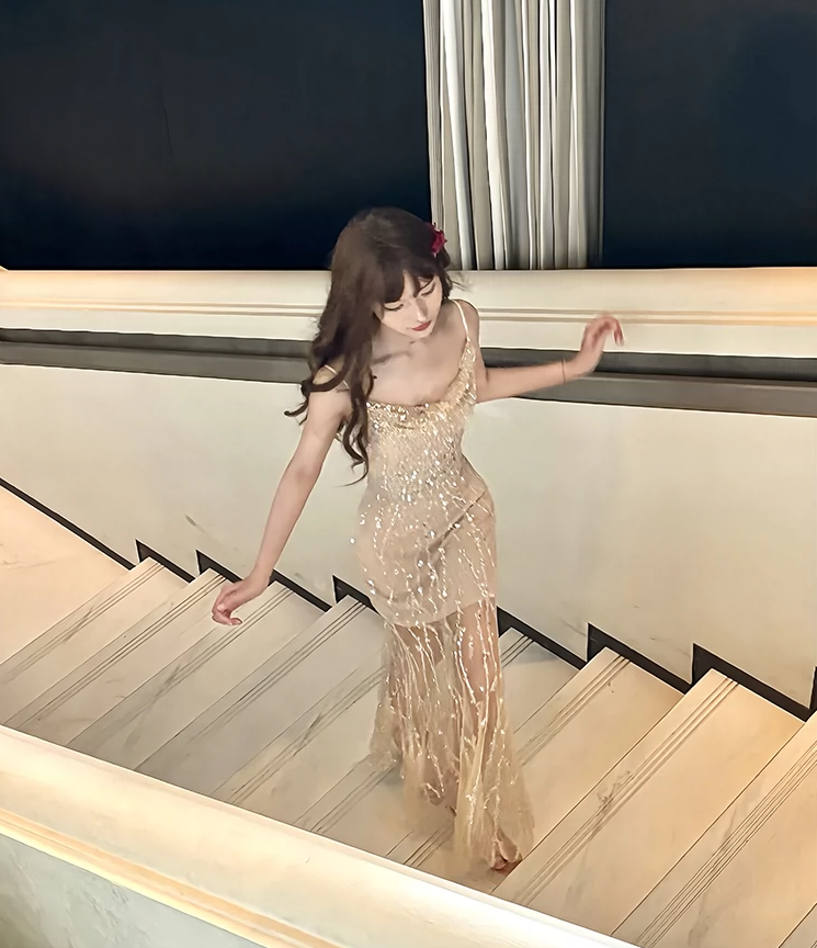 Heavy diamond suspender dress mermaid long party dress       S6159