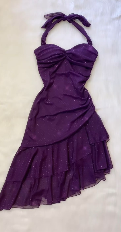 Purple Shinny Halter Irregular Prom Dress Party Dress       S6251