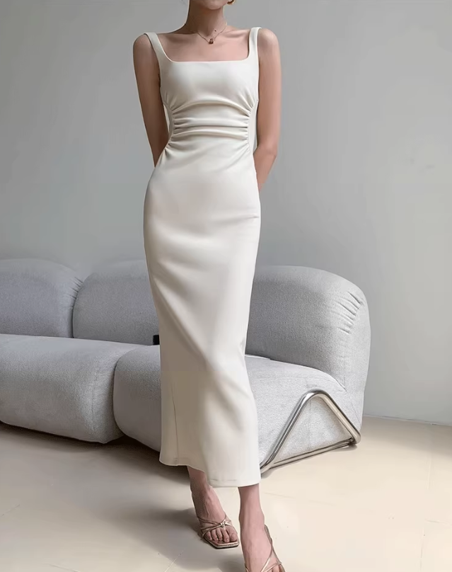 Square neck camisole dress 2025 temperament waist hip slit high-end long skirt R1452