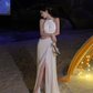 French halter neck slit satin dress backless sexy dress banquet temperament long dress R1617
