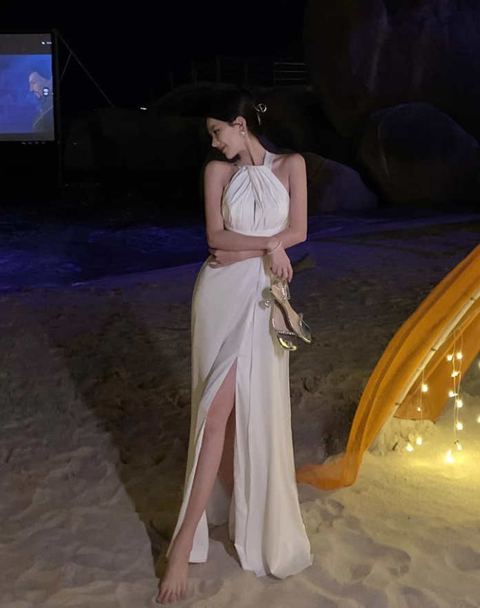 French halter neck slit satin dress backless sexy dress banquet temperament long dress R1617