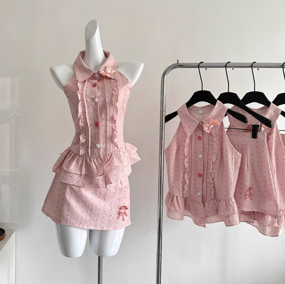 Summer sweet waist slim sleeveless top skirt suit R2003