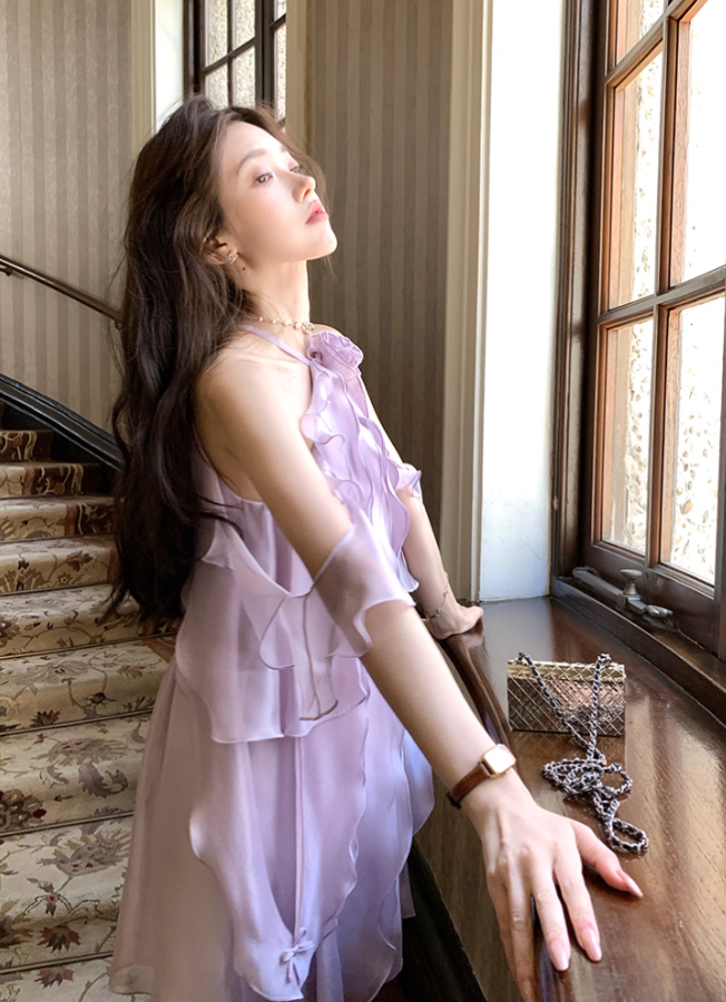 Purple ruffled halter neck off-shoulder suspender dress summer French temperament skirt R4666