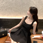 French Hepburn style square neck suspender little black dress new waist bow A-line dress R4415
