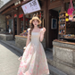 Pink long square neck waist A-line suspender dress women's summer French retro skirt R4740