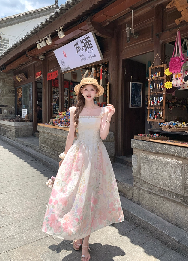 Pink long square neck waist A-line suspender dress women's summer French retro skirt R4740