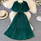 2025 new V-neck short-sleeved dress slim fit temperament waist tie big swing pleated long skirt R0345