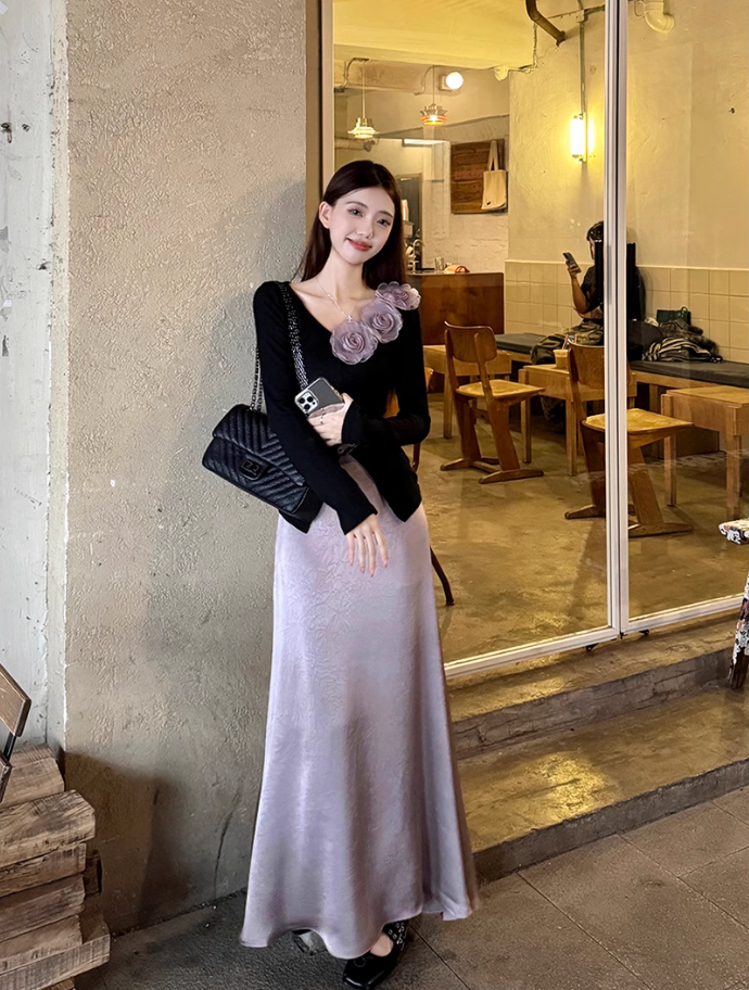 Fairy three-dimensional rose French top high waist A-line skirt gentle outfit two-piece suit R1702