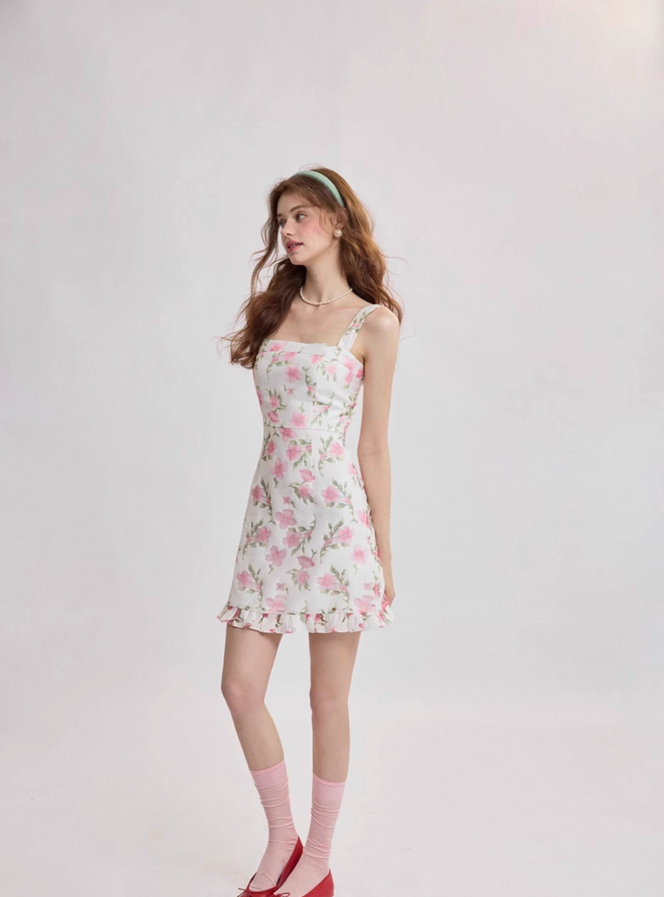 French floral suspender short dress R2710