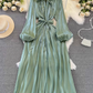 High-class lady temperament long-sleeved bow tie waist slimming A-line shiny sequin dress R0388
