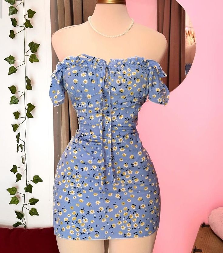 Blue pastoral style floral one-shoulder waist slim short skirt homecoming dress R3106