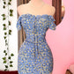 Blue pastoral style floral one-shoulder waist slim short skirt homecoming dress R3106