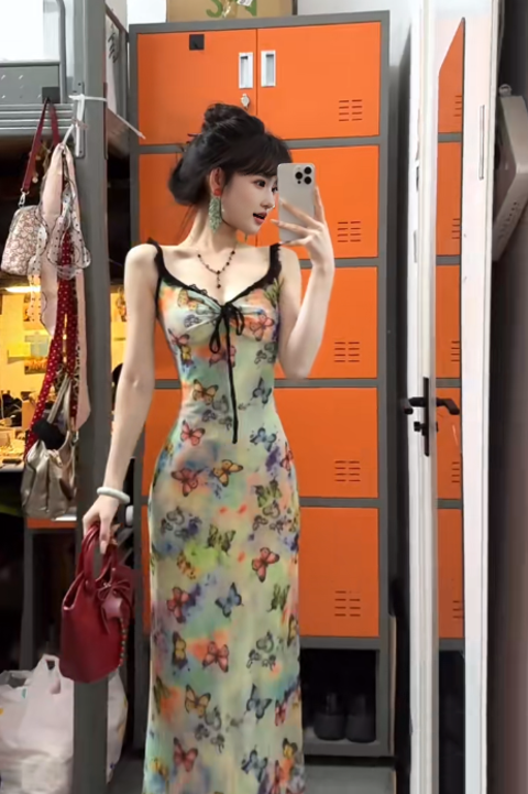 Floral suspender dress with gentle temperament, slim waist and hip skirt R0574