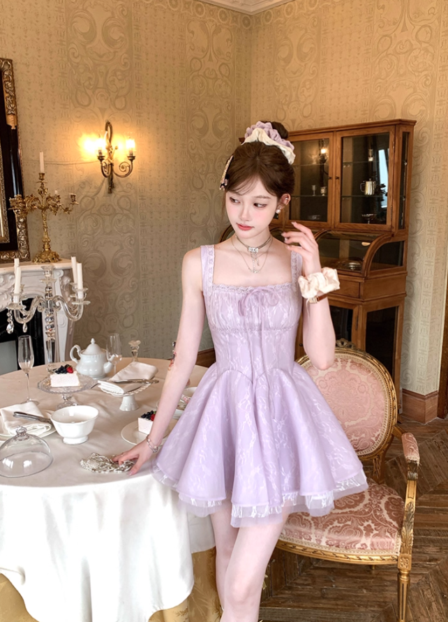 Purple square neck waist A-line suspender dress summer French retro temperament high-end skirt R4625