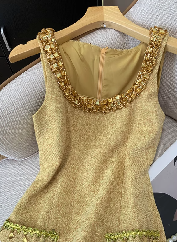 French style Chanel style vest dress new style waist slimming beaded temperament short skirt R3949