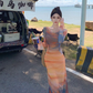 Beach dress with slim waist and elegant long sleeves, holiday style tie-dye dress R1606