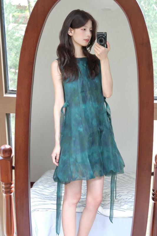 Dark green tie-dyed sleeveless loose straight cute fresh short skirt homecoming dress R4011