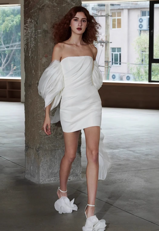 French white simple temperament banquet party short dress skirt homecoming dress R2975