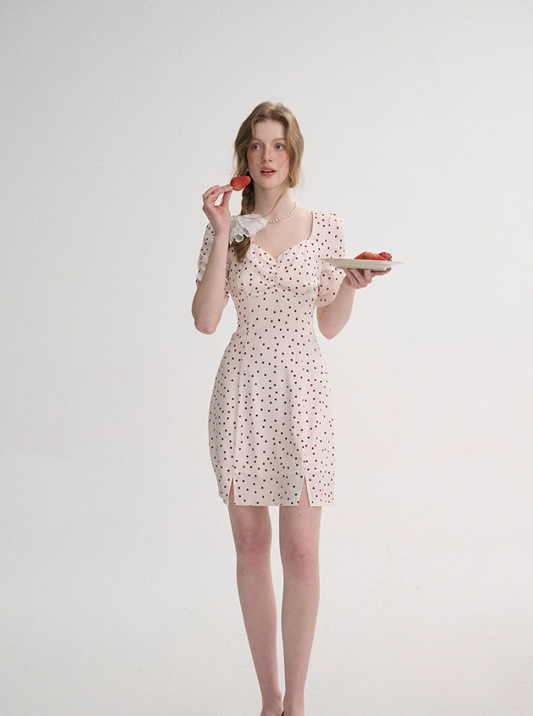 French polka dot short slit dress pastoral style mini skirt short sleeve skirt for women R3557