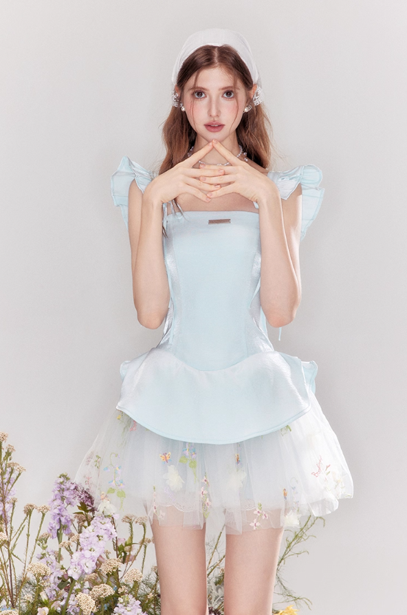 Satin-feeling temperament waist slim fit small flying sleeve puffy little dress R4538