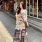 Fairy ethnic style wear hollow knitted lace cardigan floral skirt two-piece suit R1717