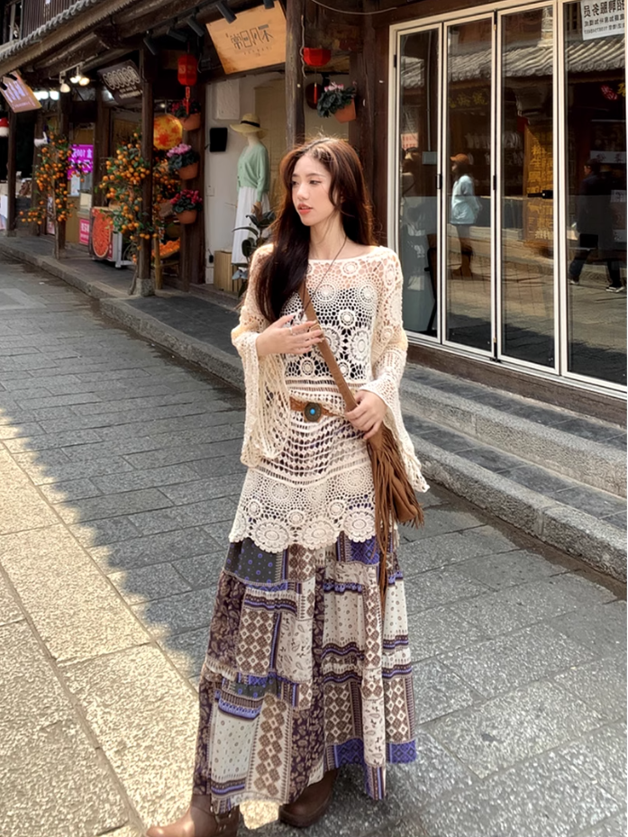 Fairy ethnic style wear hollow knitted lace cardigan floral skirt two-piece suit R1717