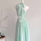 Off-shoulder sheer mesh waist long dress R2029