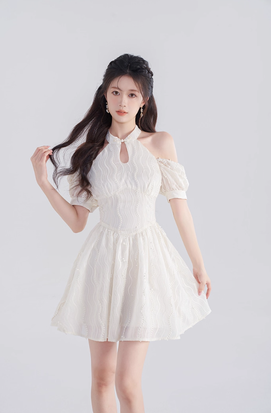 French dress new summer style beautiful temperament waist slimming white short skirt R4503