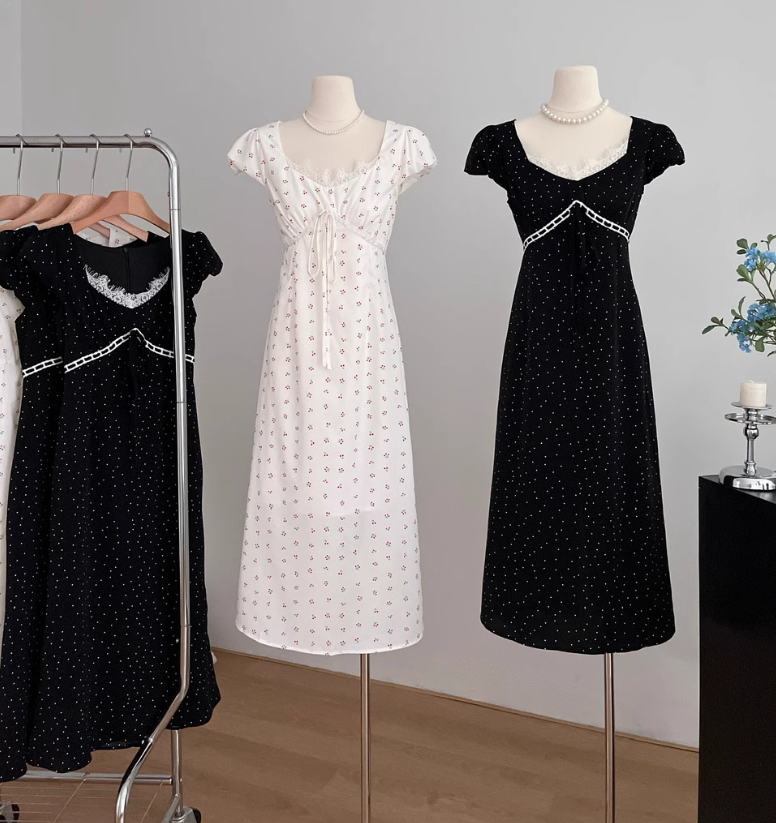 Neckline lace polka dot long skirt French style waist slimming skirt R2048